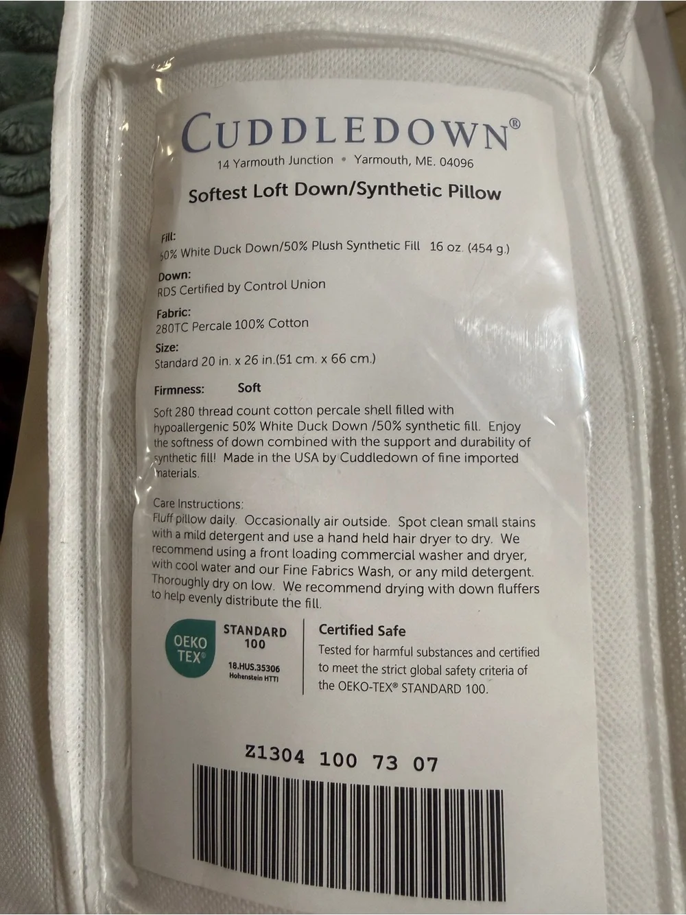 Cuddledown 50% White Duck Down 50% Synthetic fill standard pillow NWT
